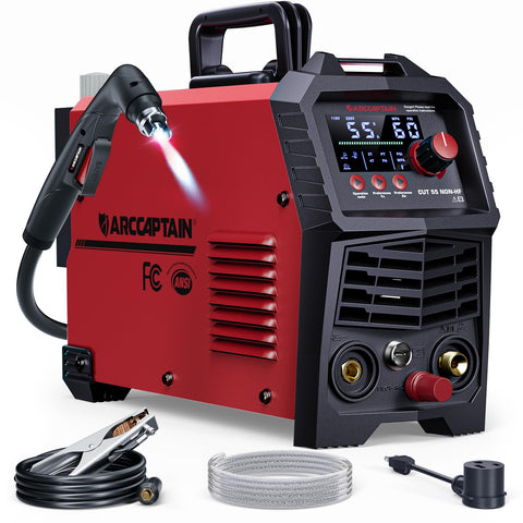 ARCCAPTAIN 55Amp plasma cutter front view showing dual voltage capability for home workshops.