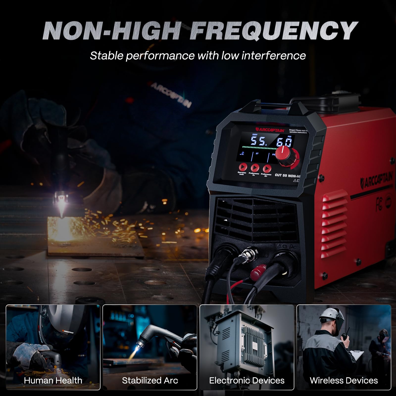 ARCCAPTAIN 55Amp plasma cutter side panel highlighting rugged build for durable daily use.