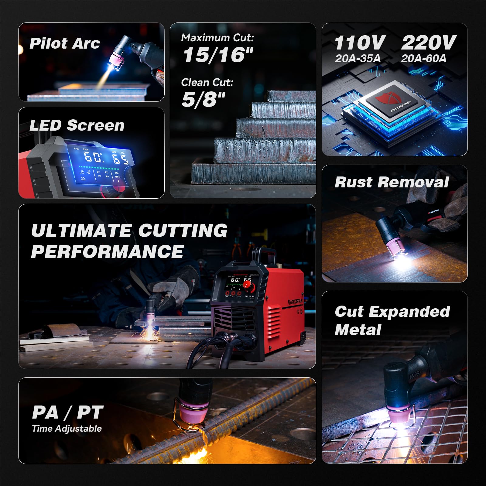 ARCCAPTAIN 60A plasma cutter LED display close-up showing real-time settings.