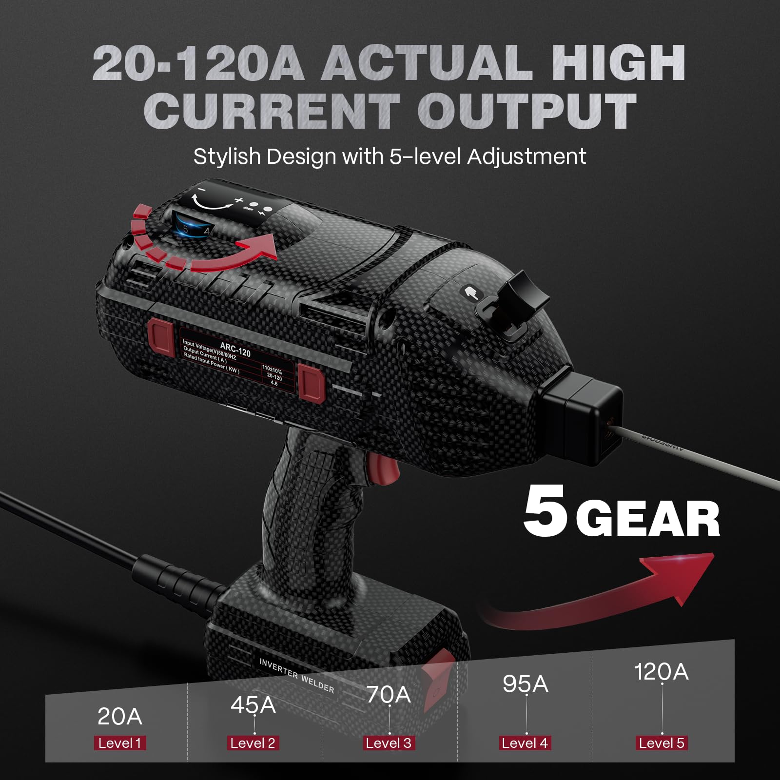 ARCCAPTAIN adjustable current control for precise welding from 20 to 120 amps