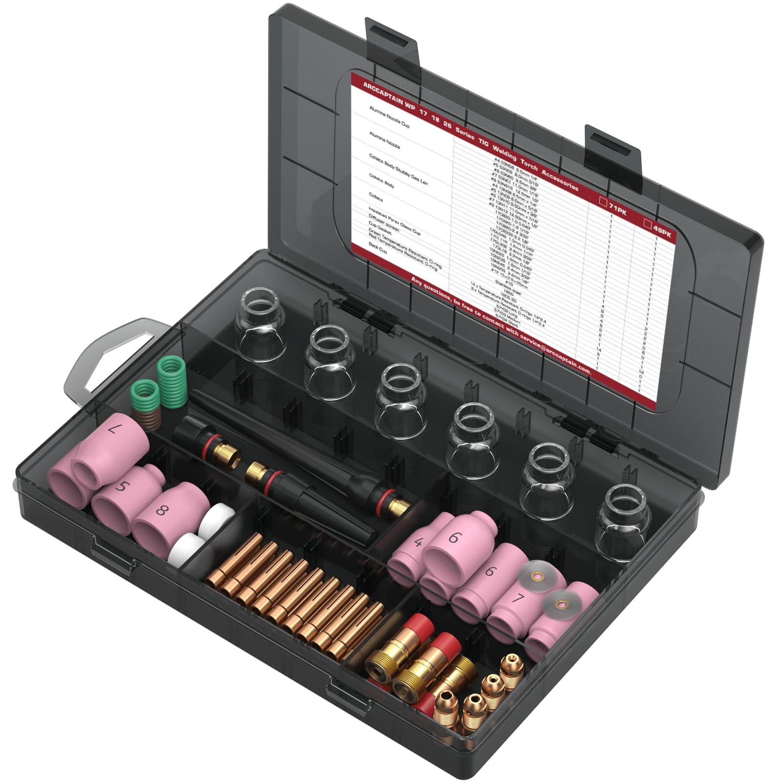 ARCCAPTAIN alumina nozzle set shown for stable arc focus and heat resistance.