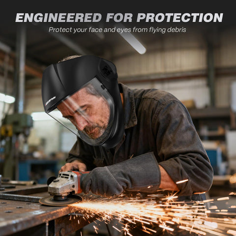 ARCCAPTAIN anti-fog full-face shield side angle showing debris protection