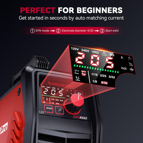 ARCCAPTAIN ARC205 stick welding mode delivers stable arcs across rods