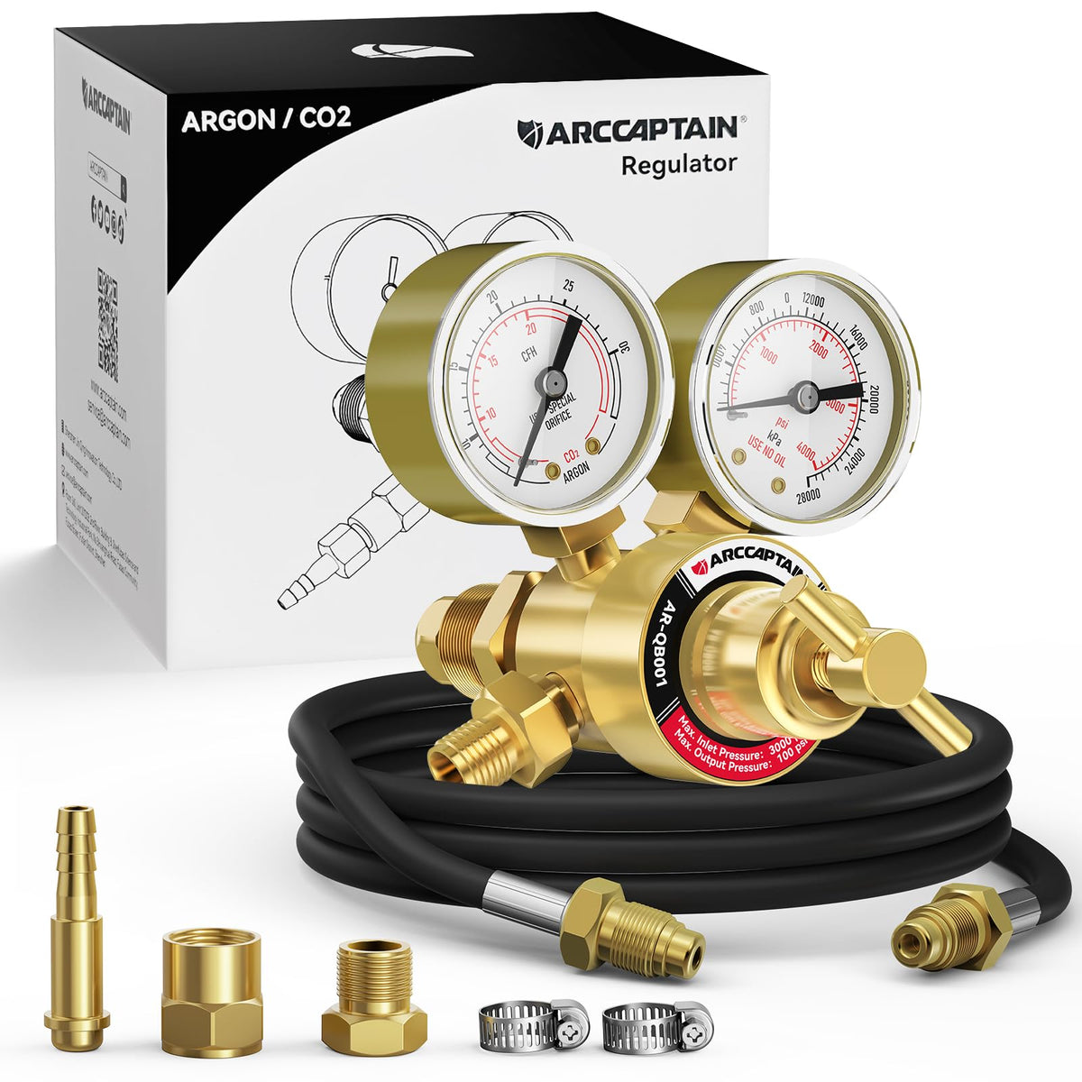ARCCAPTAIN Argon CO2 regulator with gauge panel for precise flow control during welding.