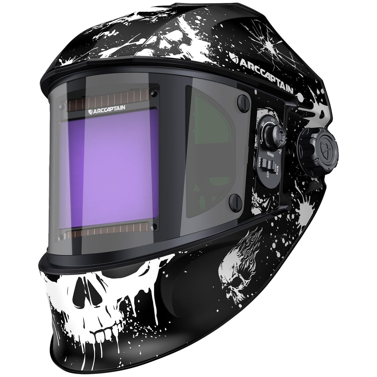 ARCCAPTAIN auto darkening helmet front view showing wide field of vision for precise welding.