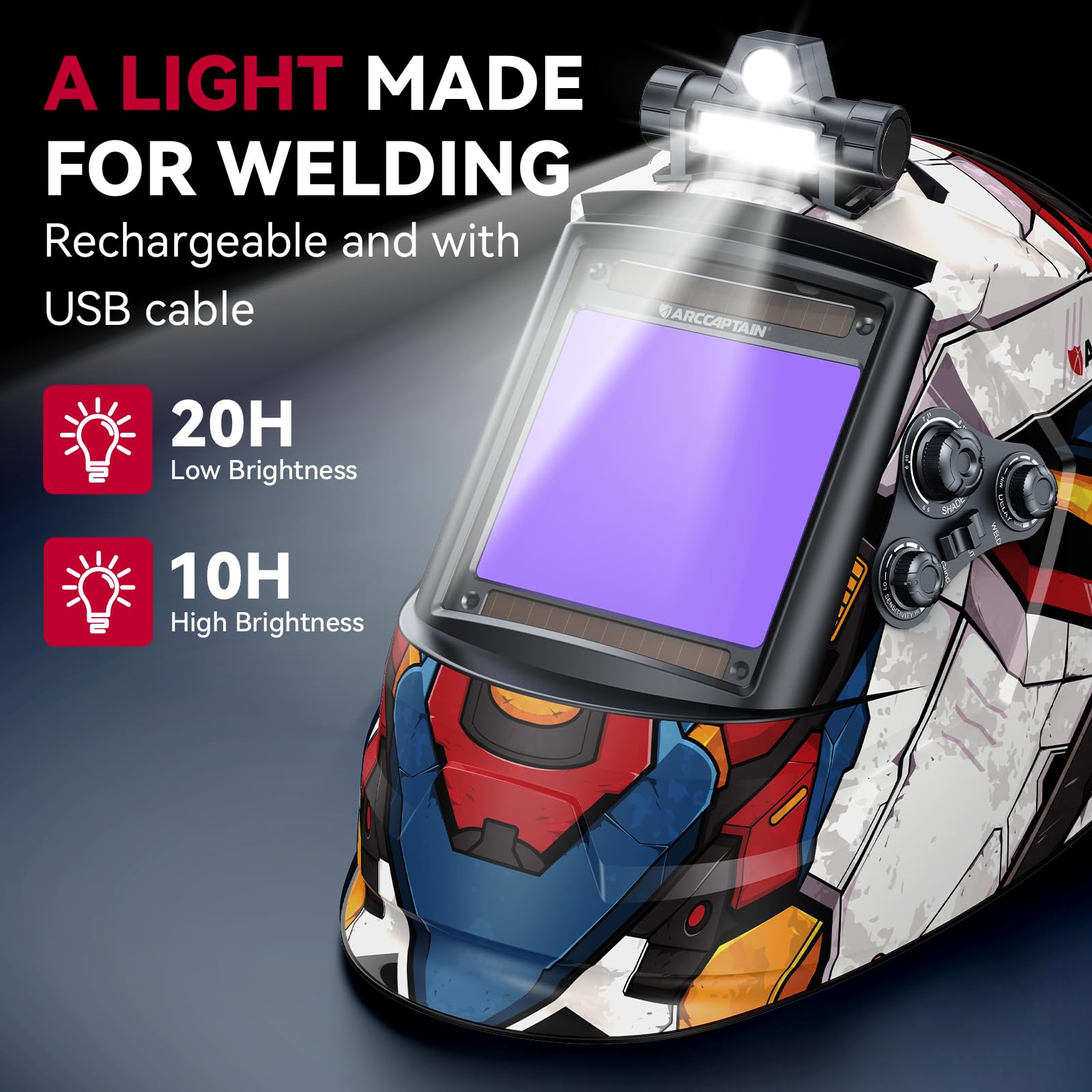 ARCCAPTAIN auto-darkening lens with four sensors enables fast shade transitions in busy workspaces.