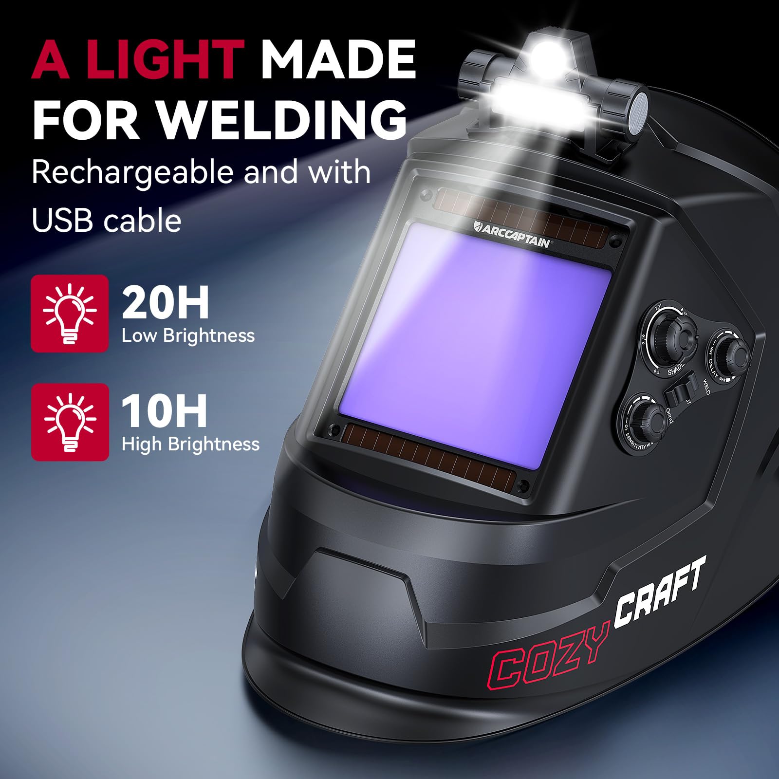 ARCCAPTAIN auto-darkening lens panel close-up with sensors enhances shade accuracy.