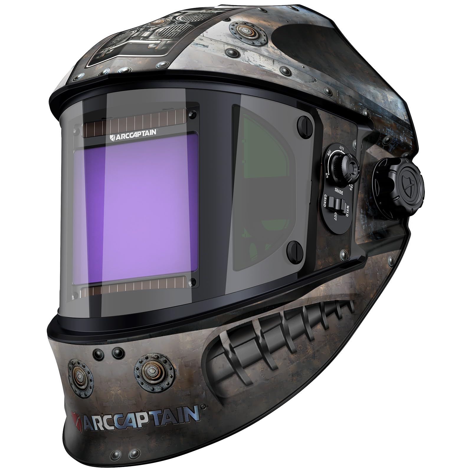 ARCCAPTAIN auto darkening helmet front view shows wide field of view for precise welding
