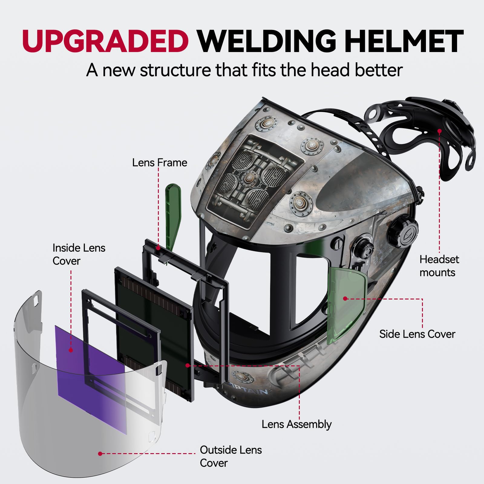 ARCCAPTAIN helmet side view highlights broad viewing area for safer maneuvering