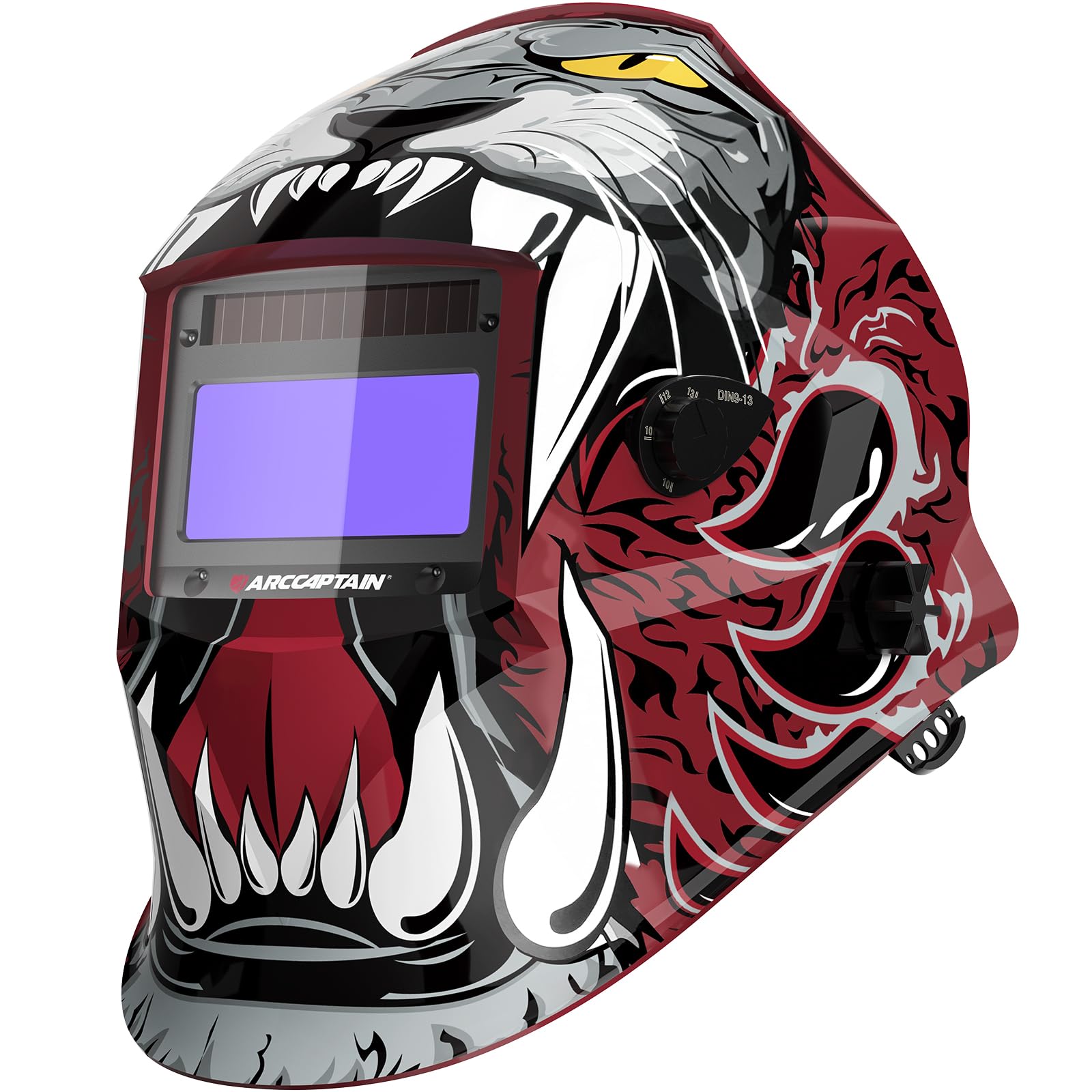 ARCCAPTAIN auto darkening helmet with wide viewing screen for precise visibility.