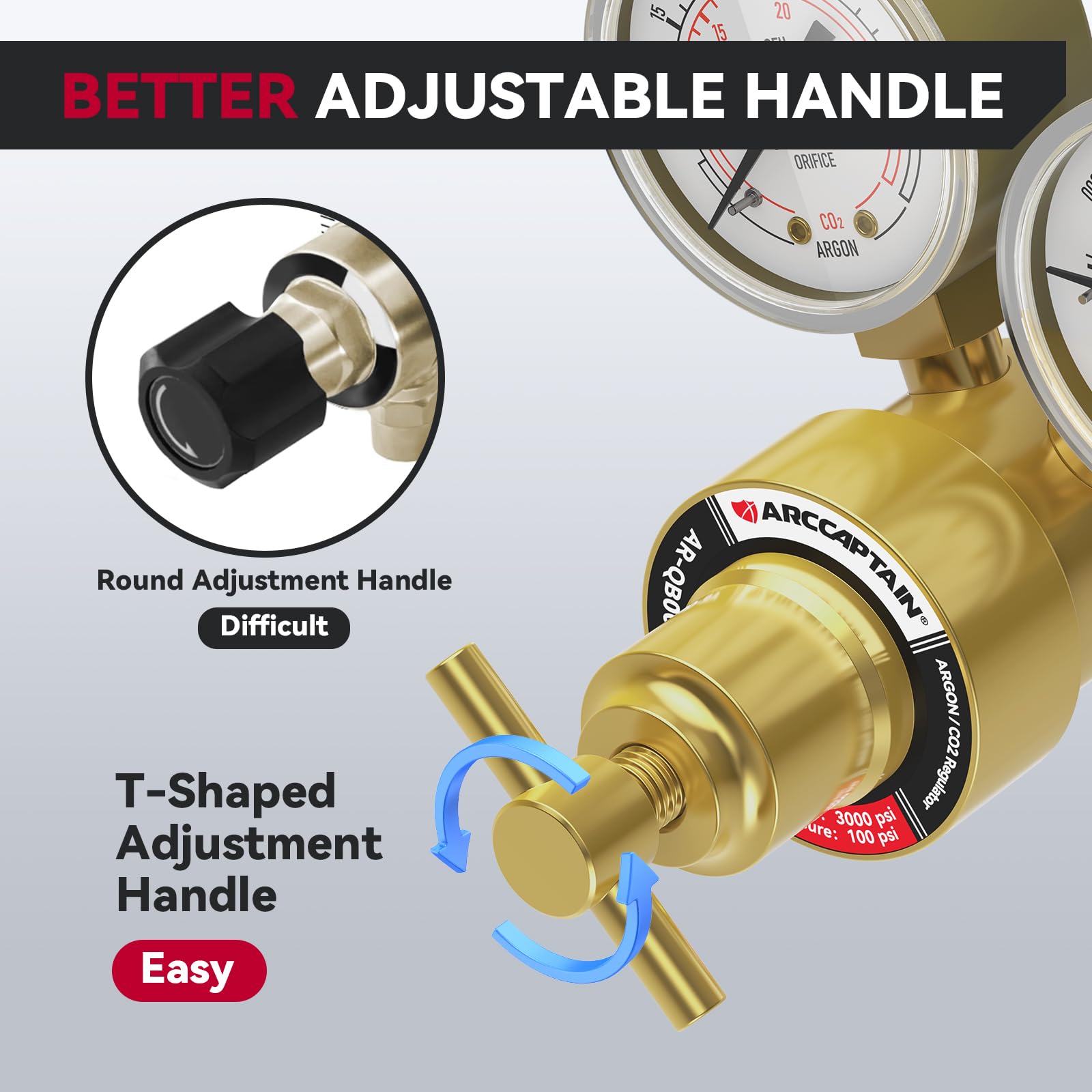 ARCCAPTAIN filter-equipped CGA-580 inlet for cleaner gas and longer gauge life.