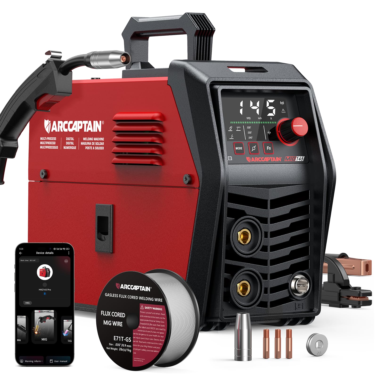 ARCCAPTAIN iControl MIG145 Pro front view, compact and portable for DIY repairs