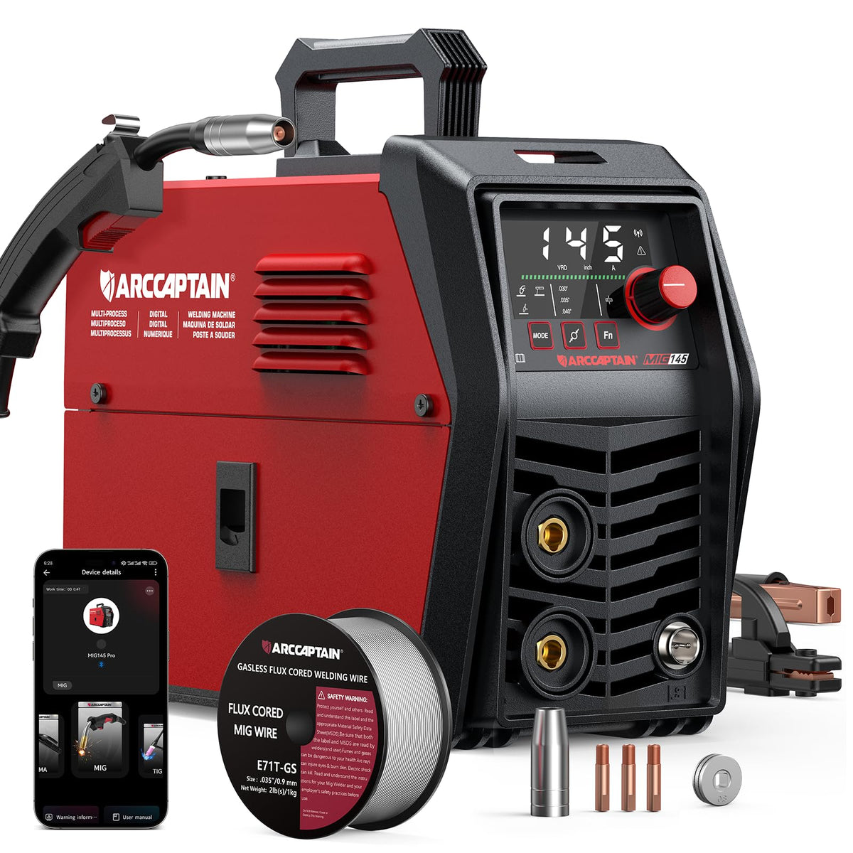 ARCCAPTAIN iControl MIG145 Pro front view, compact and portable for DIY repairs