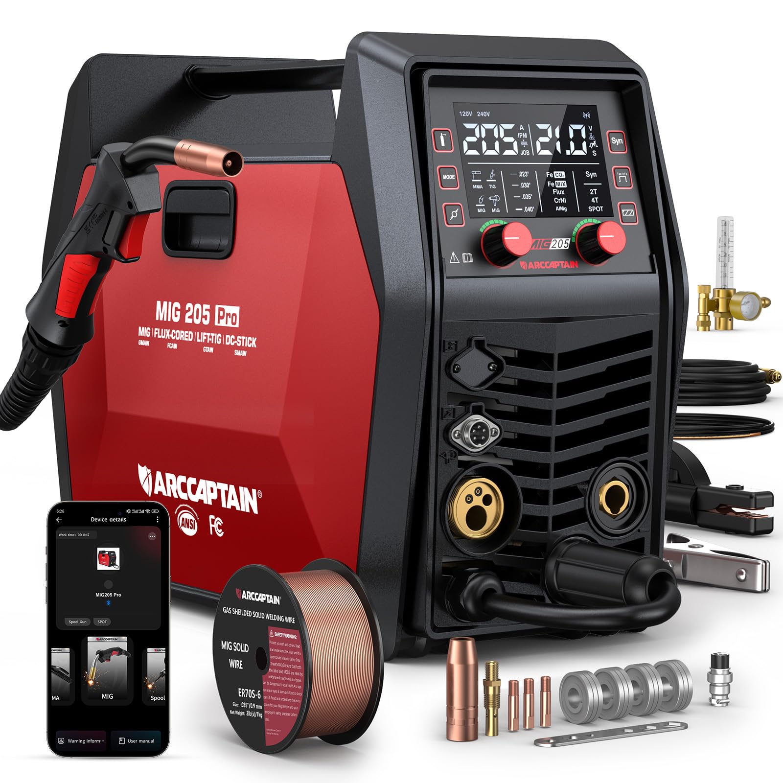 ARCCAPTAIN iControl MIG205 Pro front view shows compact 6-in-1 welder for home projects.