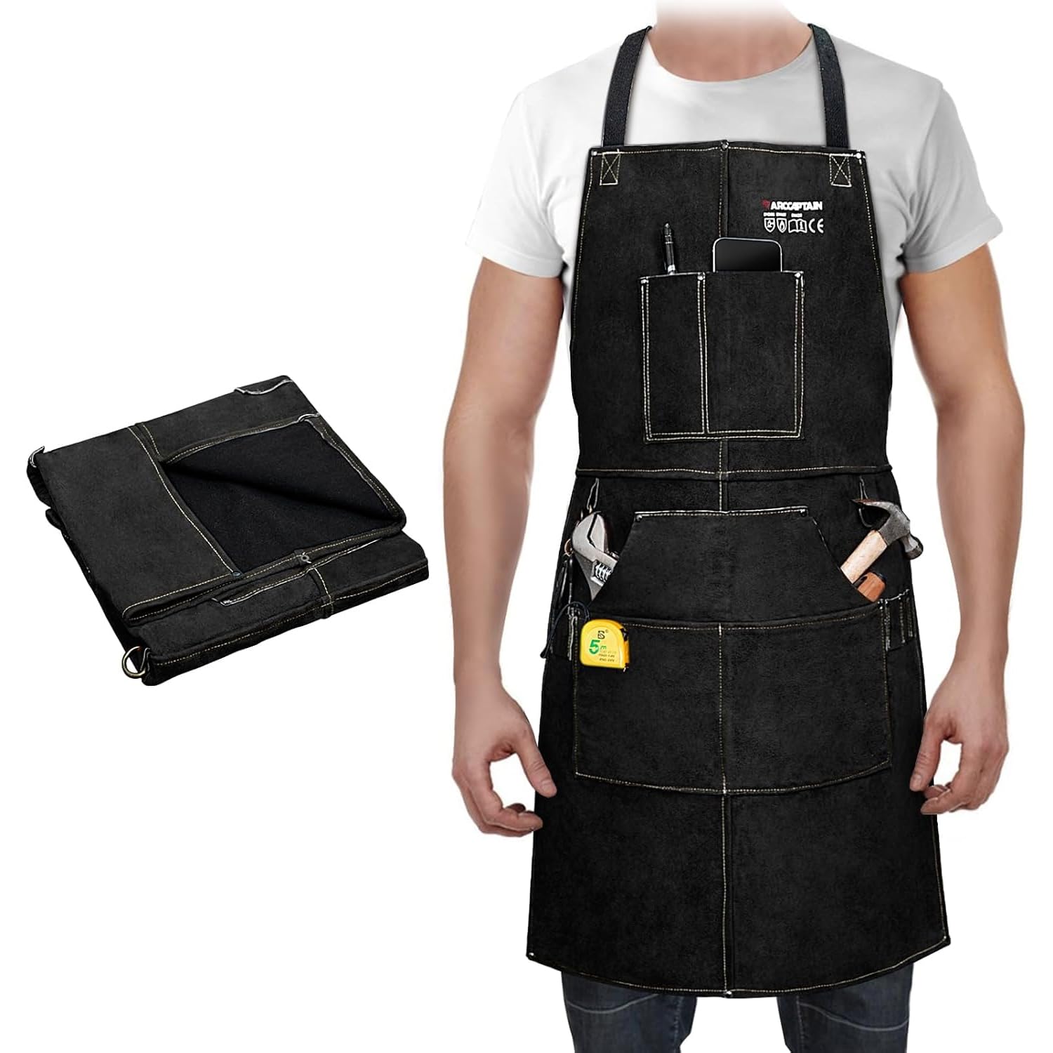 ARCCAPTAIN leather welding apron front view with full coverage for sparks
