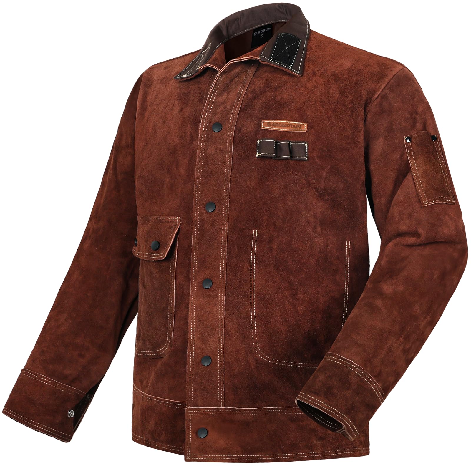 ARCCAPTAIN leather welding jacket front view with rugged cowhide and spark protection