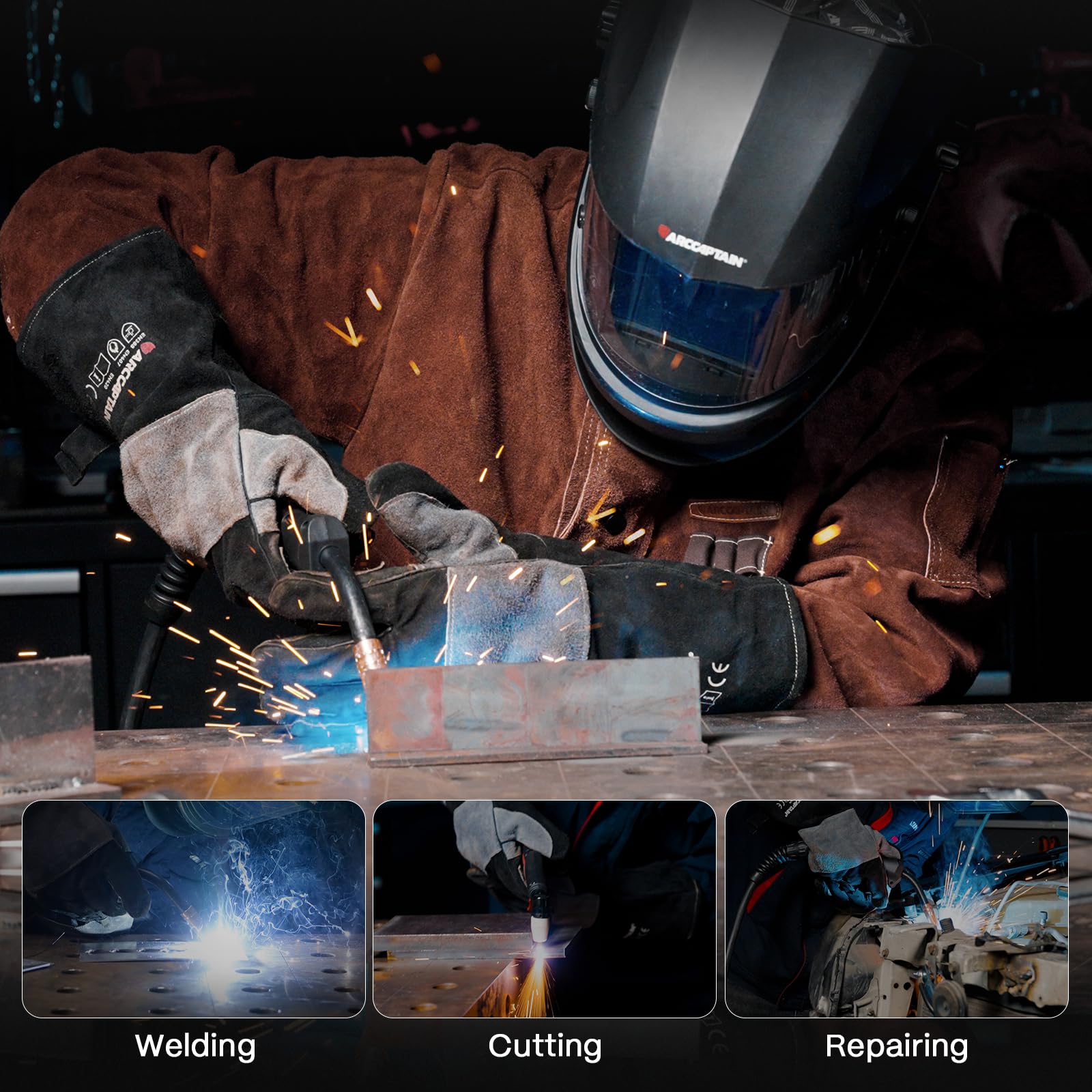 ARCCAPTAIN material closeup emphasizes heavy-duty cowhide texture and durability