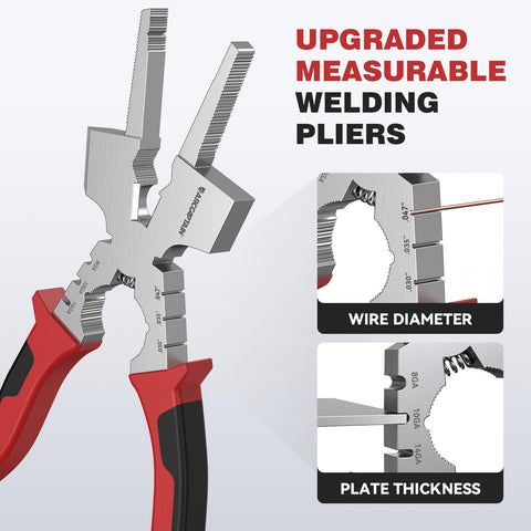 ARCCAPTAIN Measurable 8-inch welding pliers measure three diameters for quick sizing.