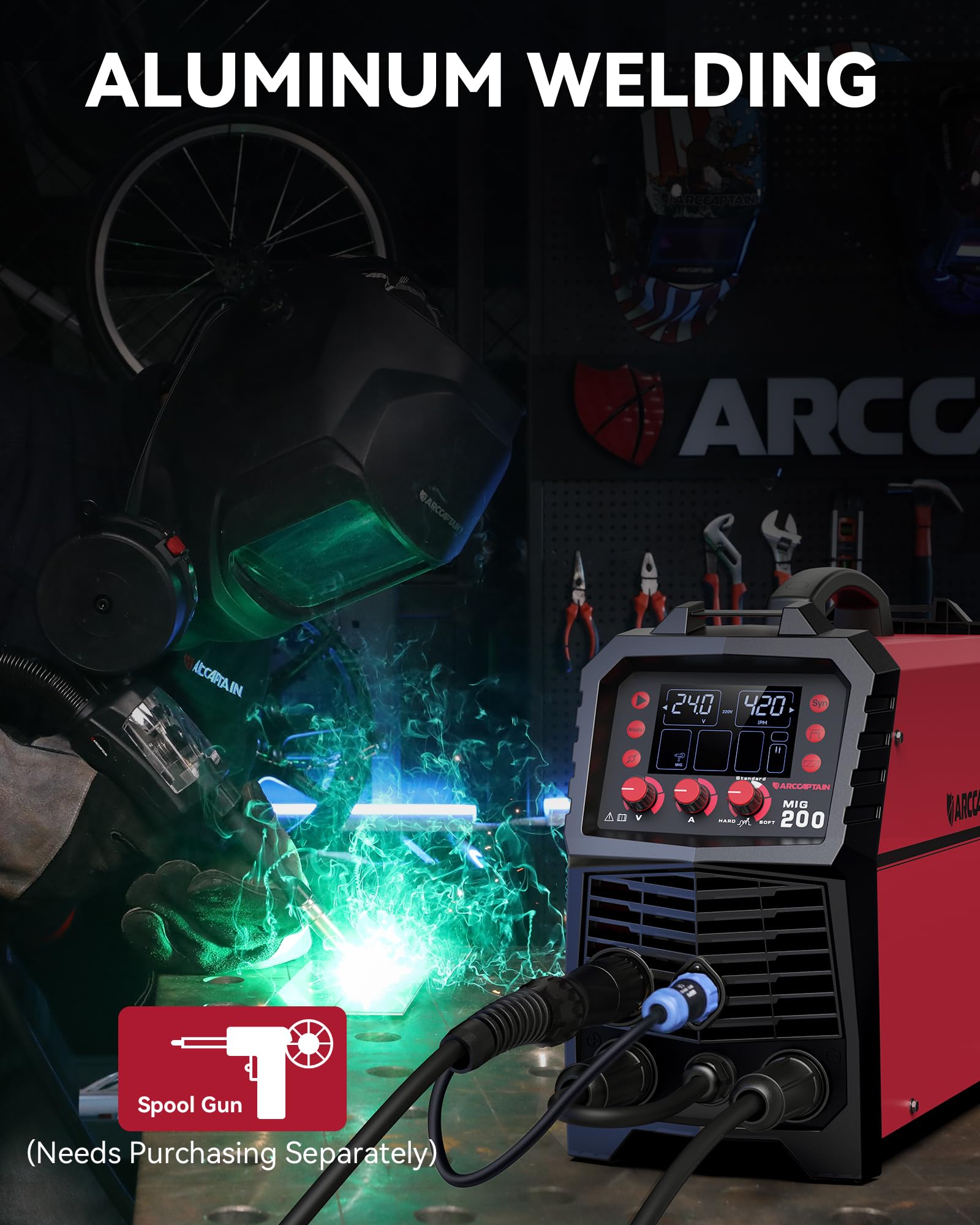 ARCCAPTAIN MIG Welder spool gun connector ready for aluminum wire feeding.