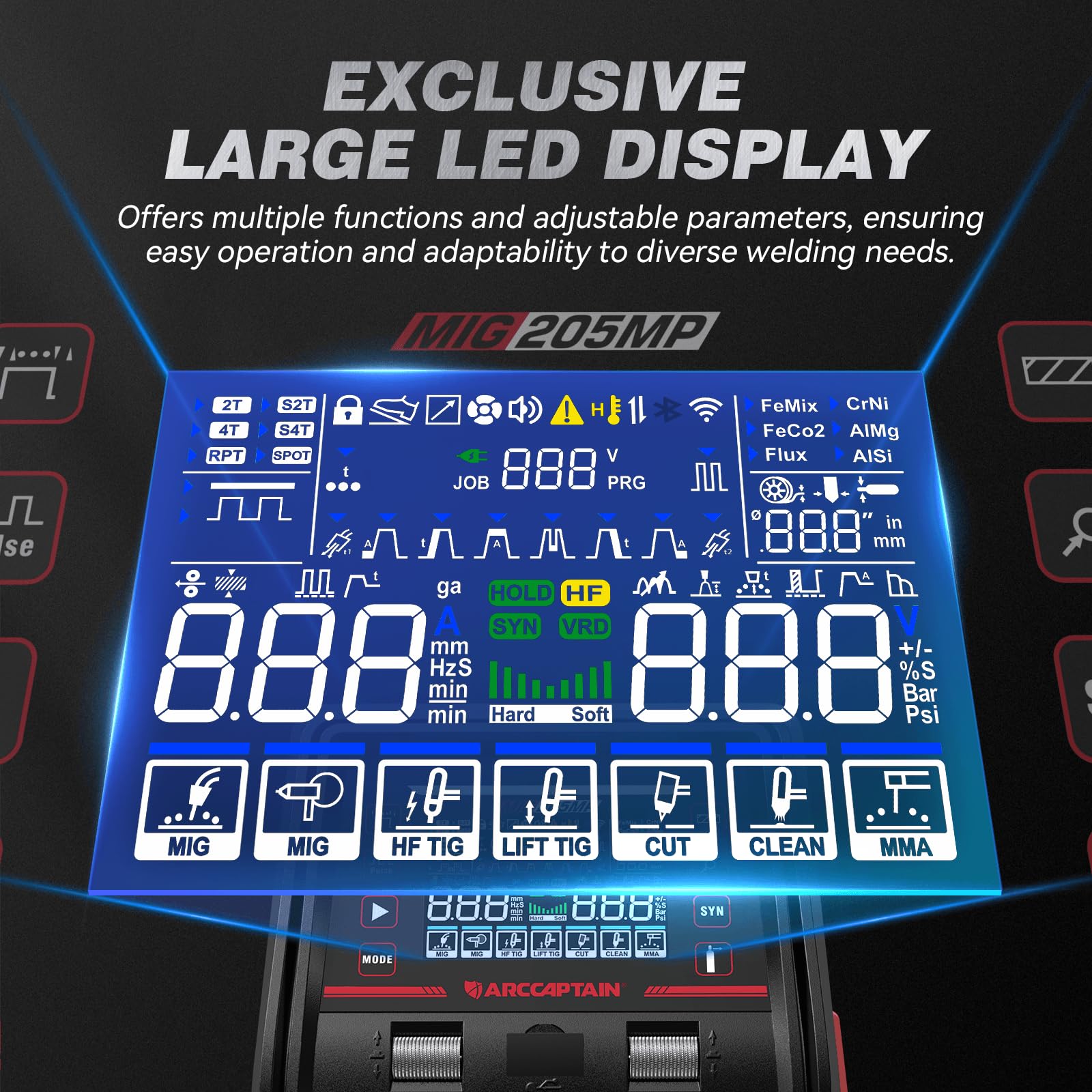 ARCCAPTAIN MIG205MP dual voltage switch for flexible power options.