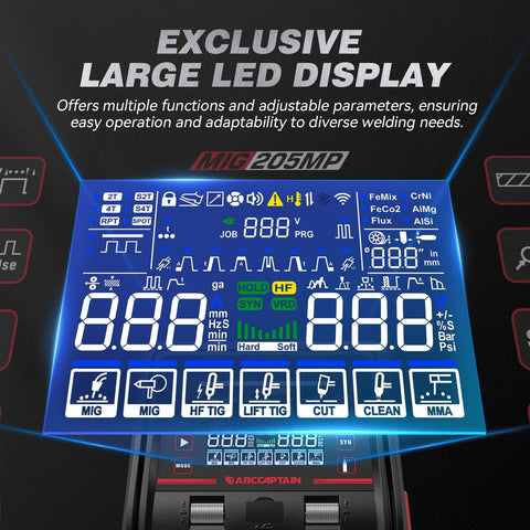 ARCCAPTAIN MIG205MP dual voltage switch for flexible power options.