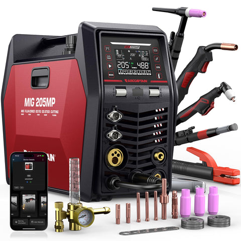ARCCAPTAIN MIG205MP front view, compact multiprocess welder for home projects.