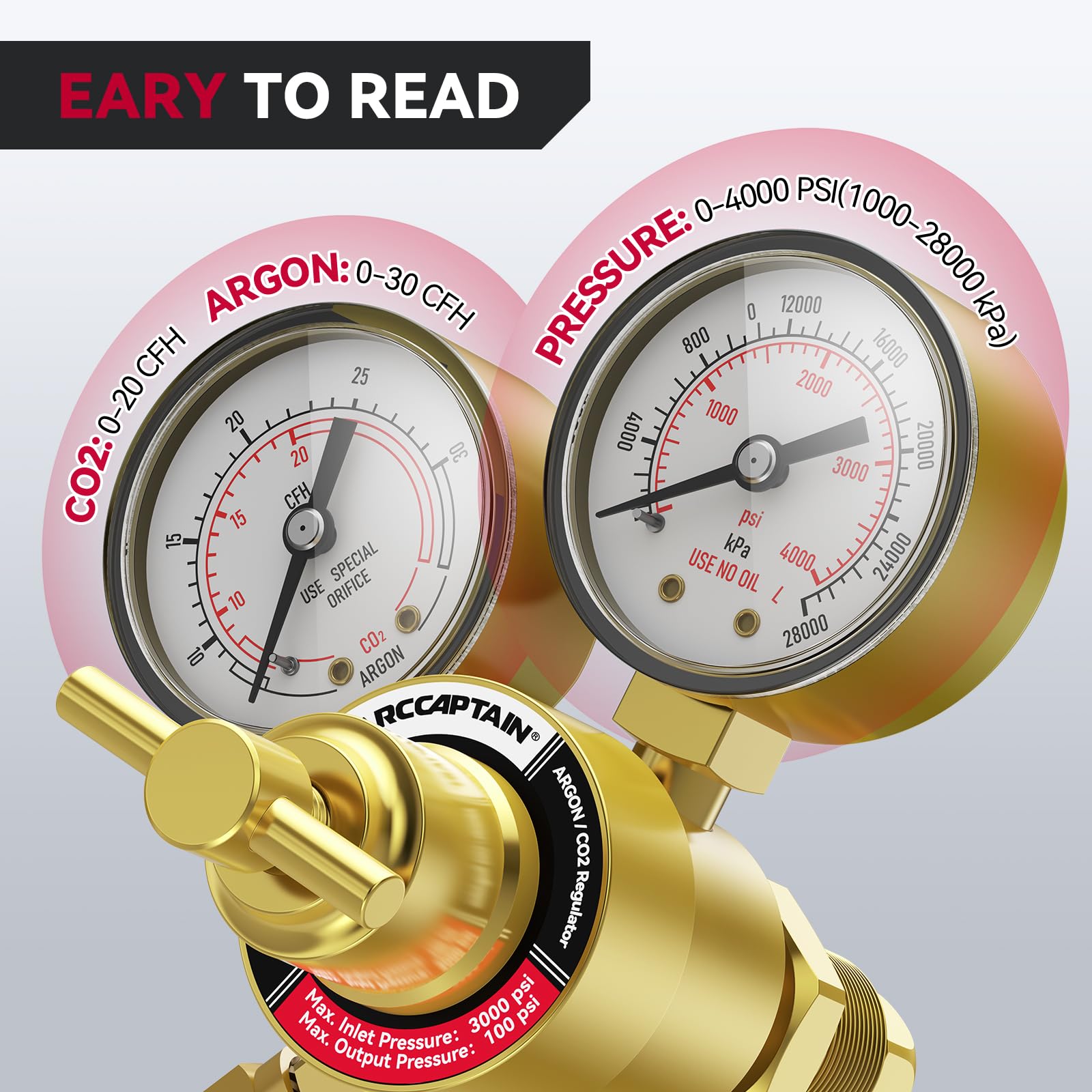 ARCCAPTAIN regulator gauge close-up highlighting relief valve for safety.