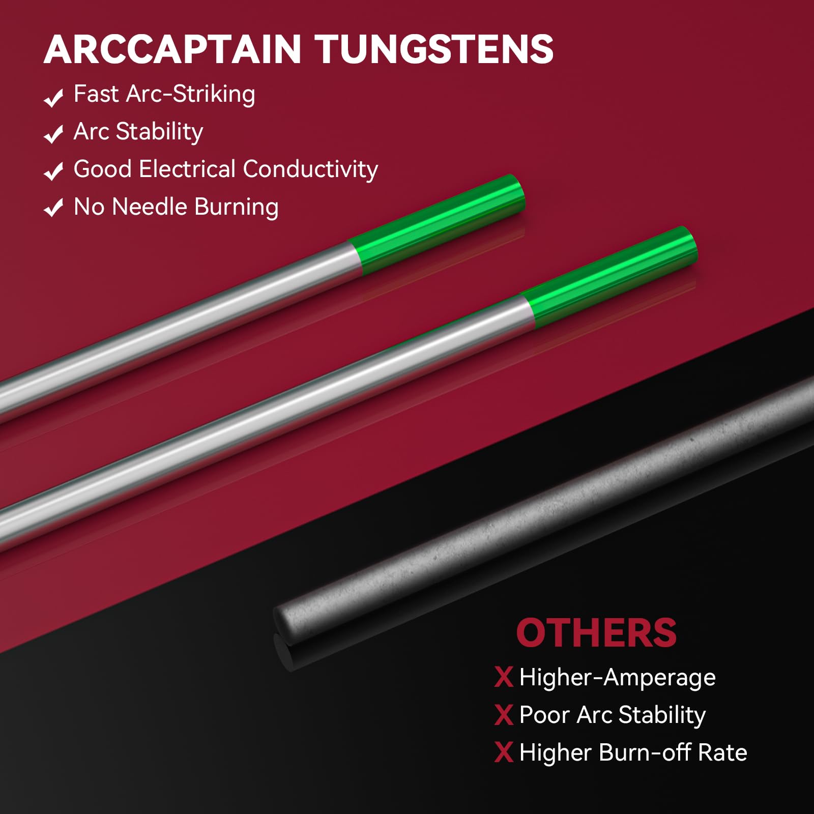 ARCCAPTAIN 3-32x7 green tungsten electrode delivers stable arc performance.