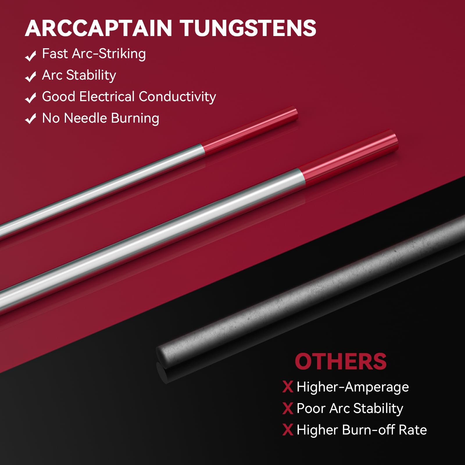 ARCCAPTAIN TIG red tungsten 3/32x7 enables reliable arc start at higher amperage