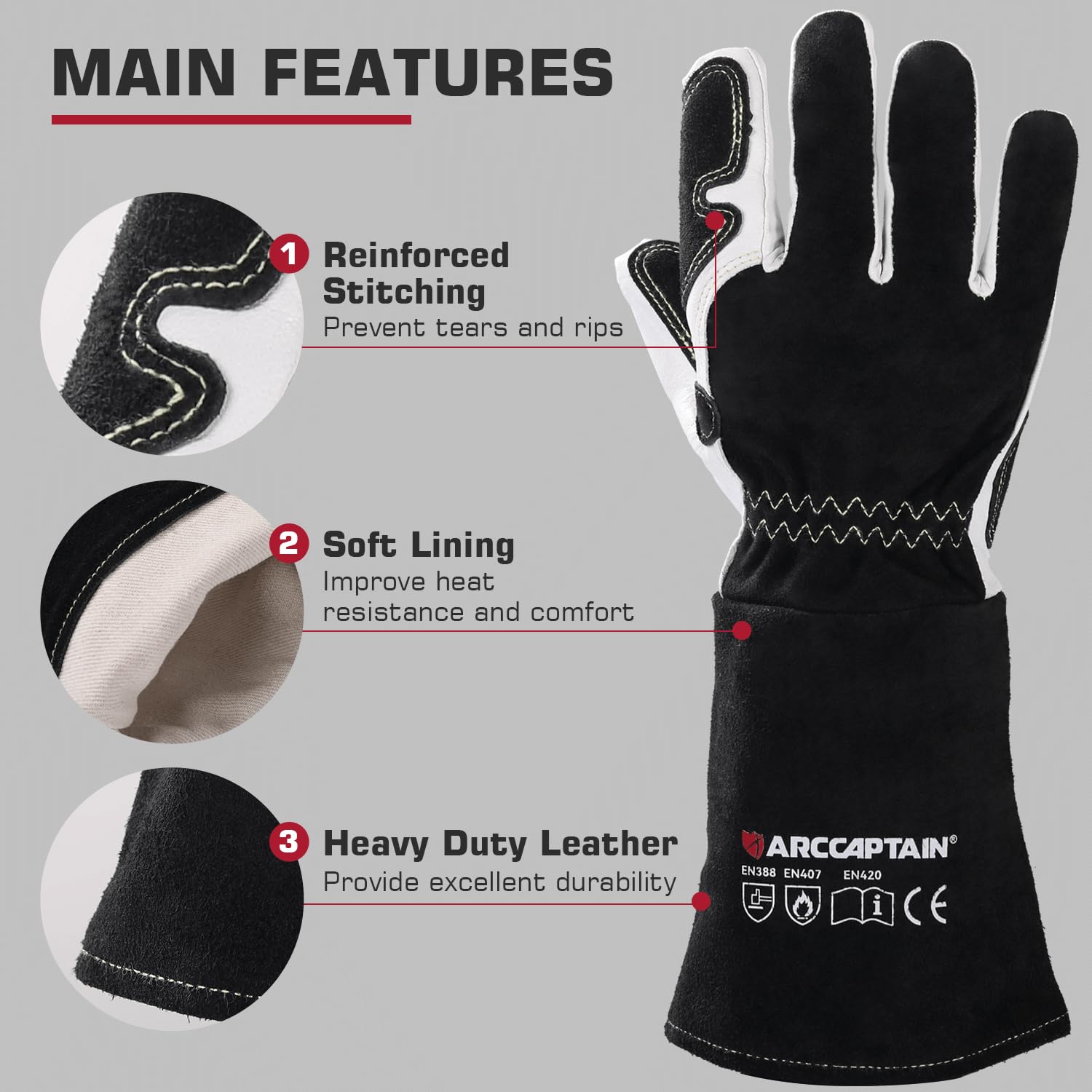 ARCCAPTAIN gloves display soft, sweat-absorbing lining for all-day comfort