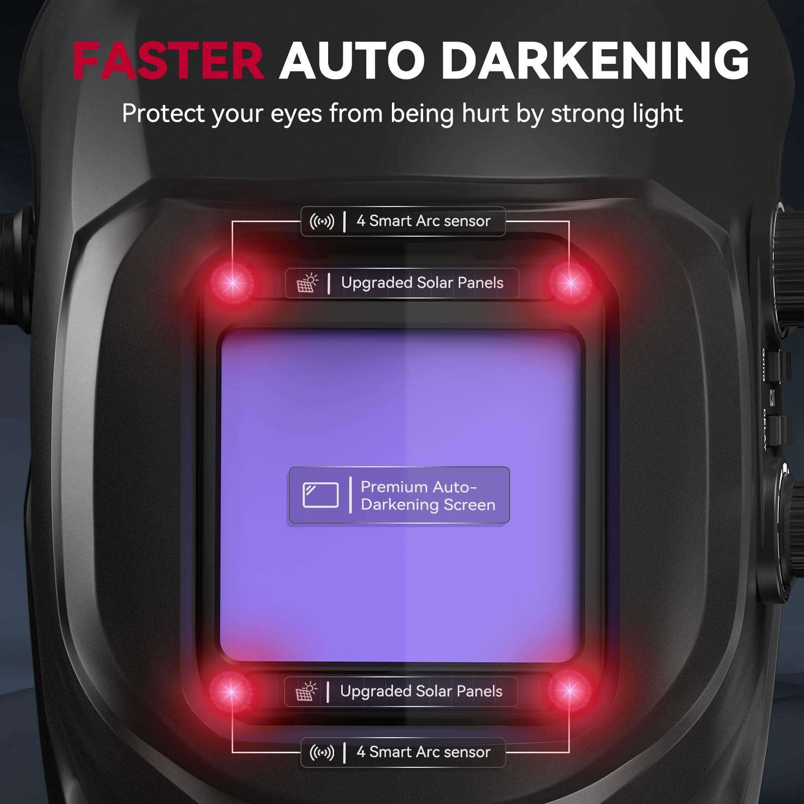 Auto-darkening lens on ARCCAPTAIN helmet adapts to arc lighting for safe welding