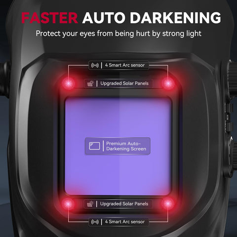 Auto-darkening lens on ARCCAPTAIN helmet adapts to arc lighting for safe welding