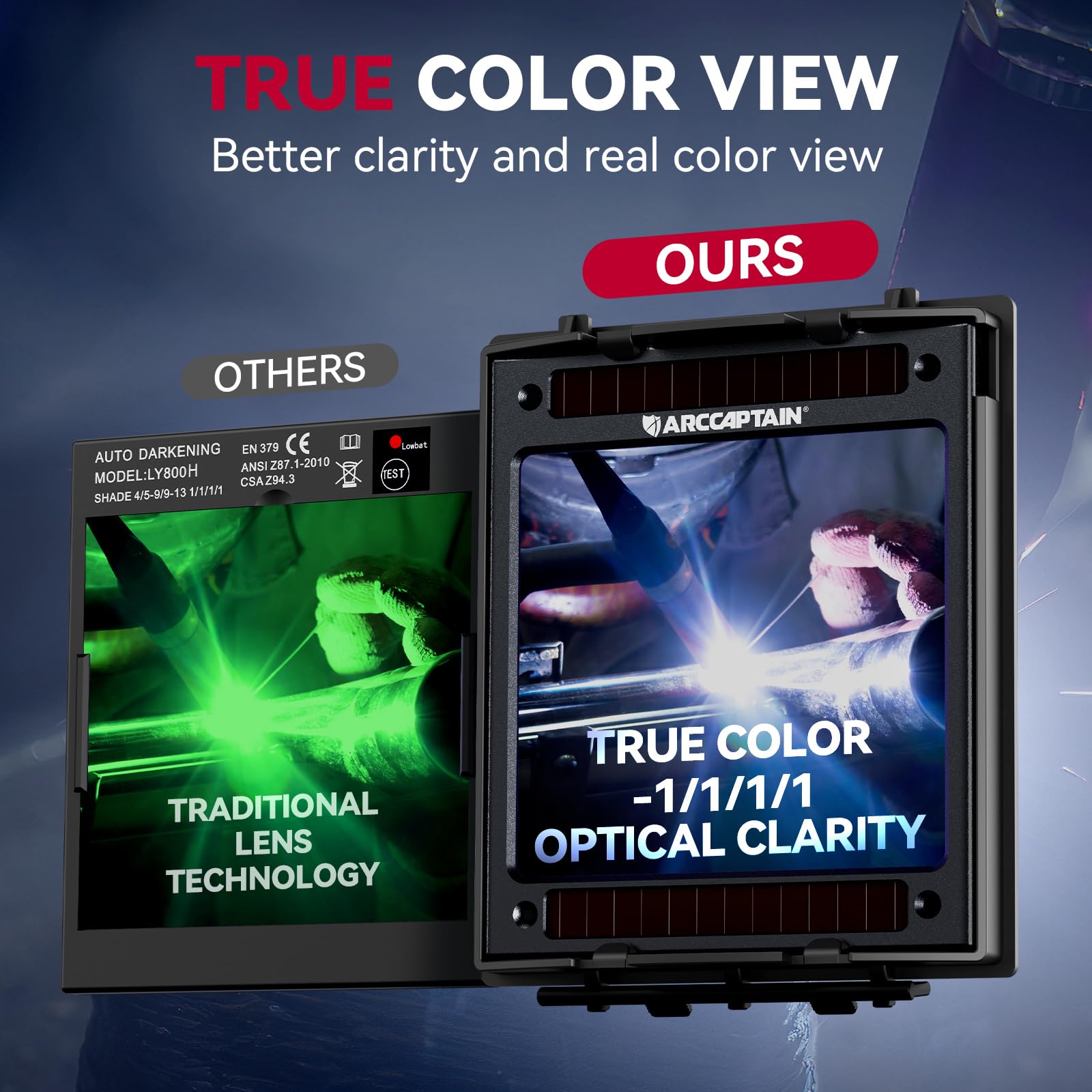 ARCCAPTAIN auto-darkening lenses switch quickly for STICK, MIG, and TIG welding.