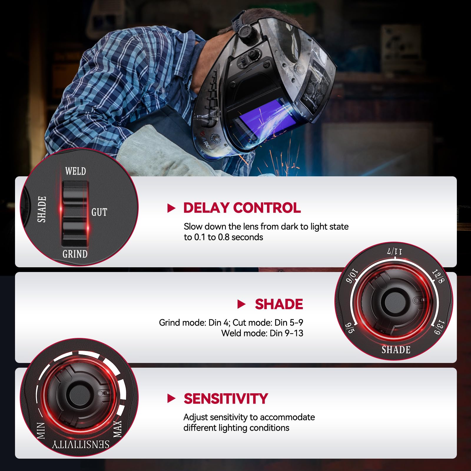 Easily adjustable knob lets you tailor darkness while wearing gloves.