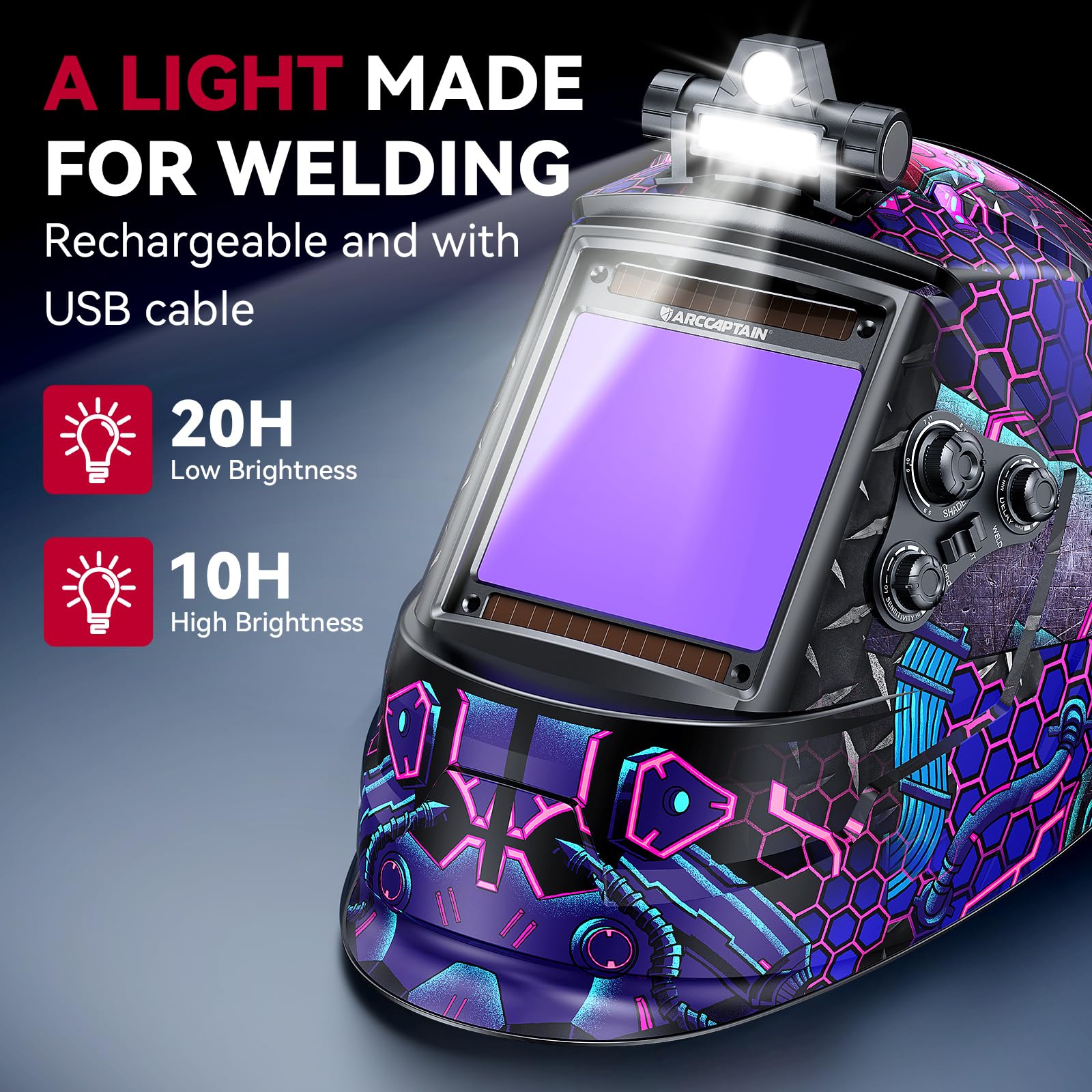 ARCCAPTAIN front view welding helmet with a large screen for precise alignment