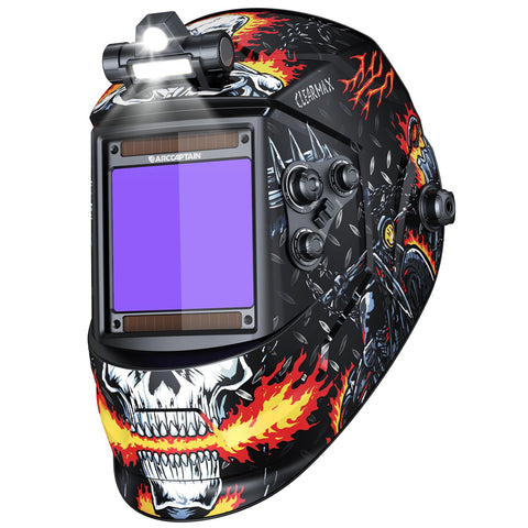 ARCCAPTAIN welding helmet with a large screen for precise welds in dim settings.
