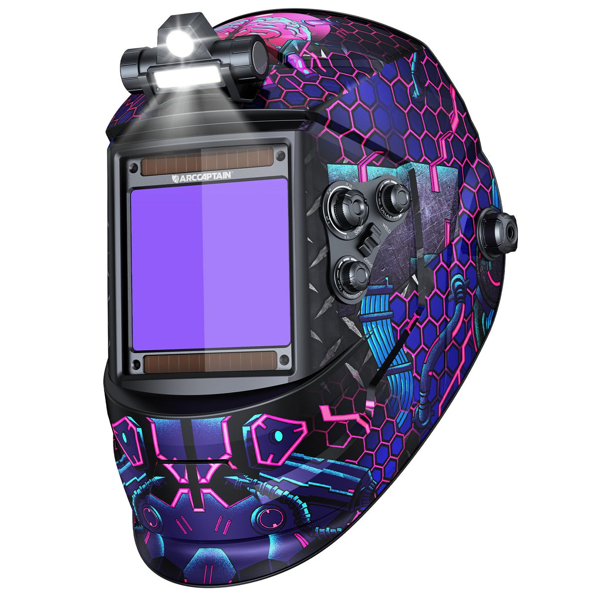 ARCCAPTAIN welding helmet with top LED light for clearer welds in dim spaces