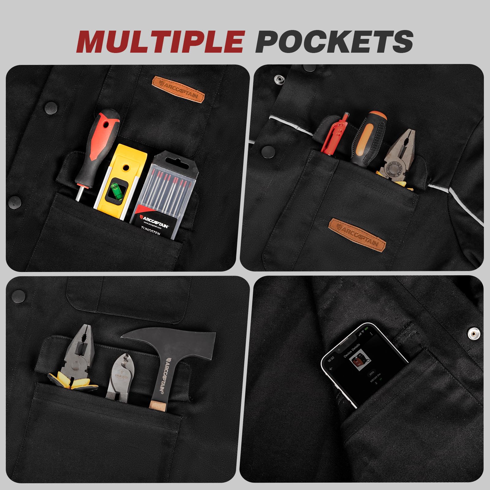 ARCCAPTAIN welding jacket four-pocket-layout keeps tools accessible.