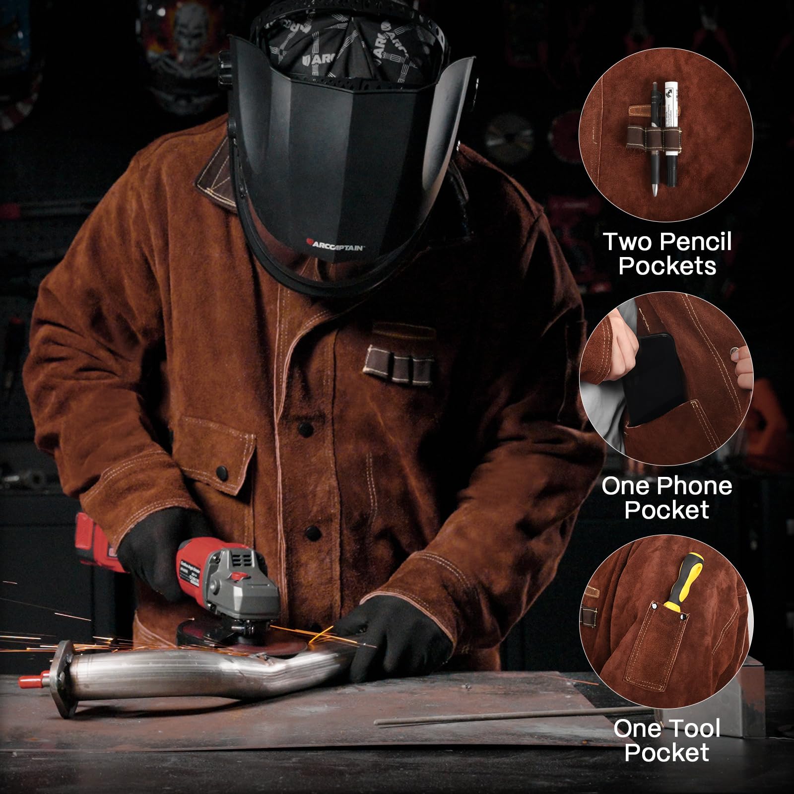 ARCCAPTAIN welding jacket outer pocket ideal for large tools