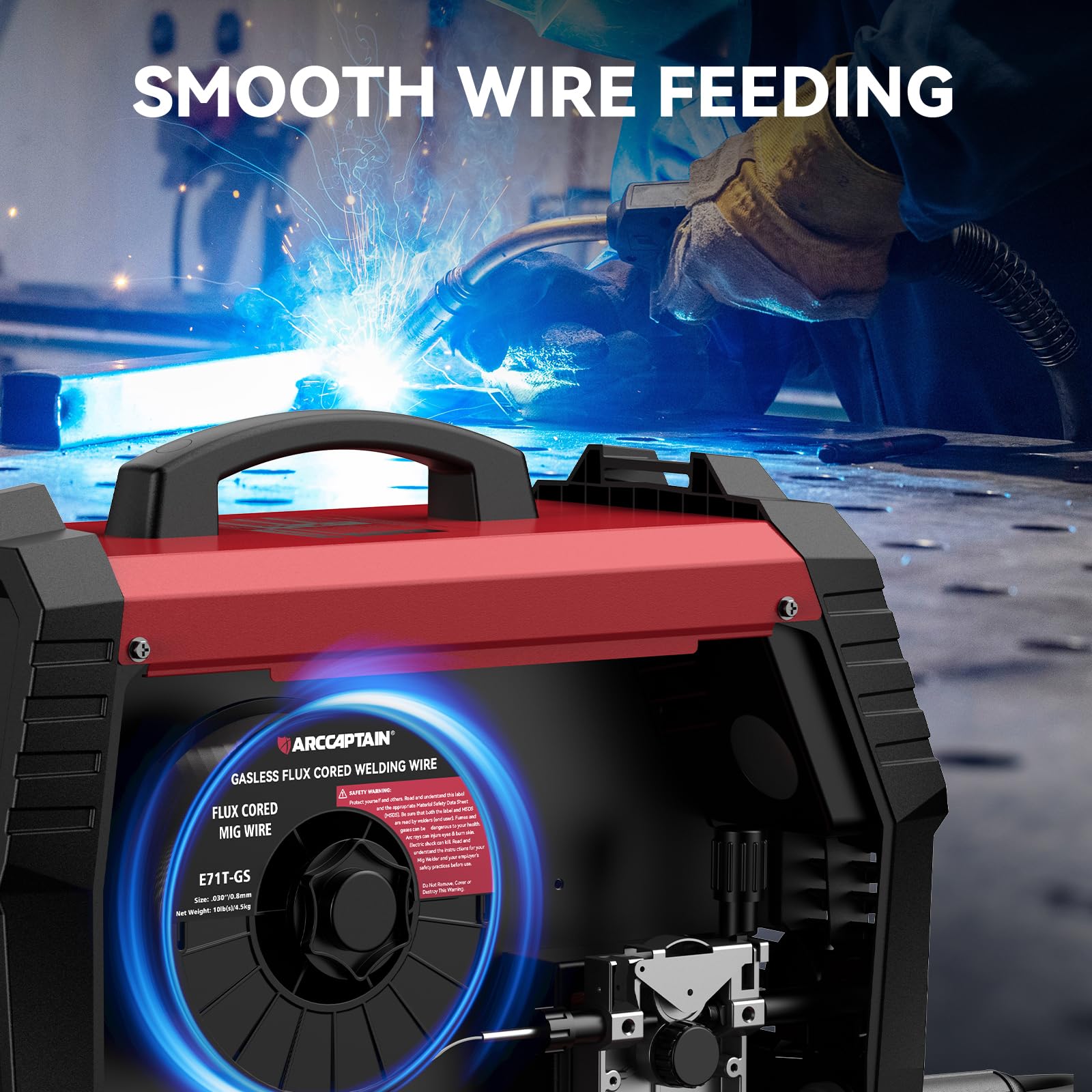 ARCCAPTAIN flux core wire on reel emphasizes gasless performance and clean welds