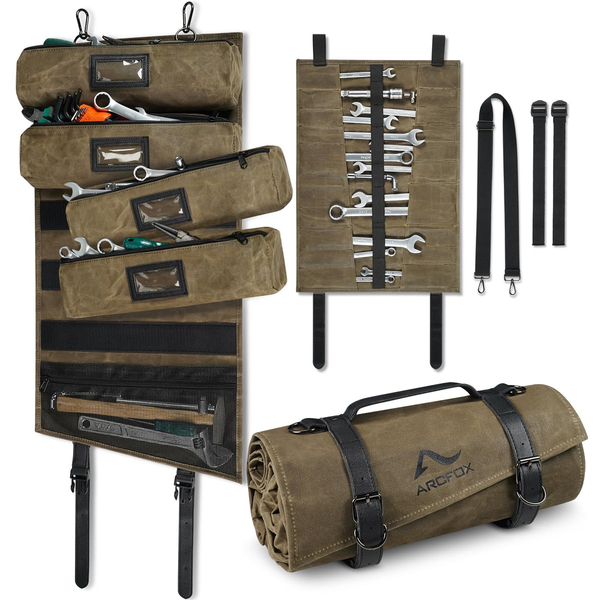 ARCFOX Vintage oil-waxed canvas roll-up bag with 25 pockets for organized on-the-go tools.