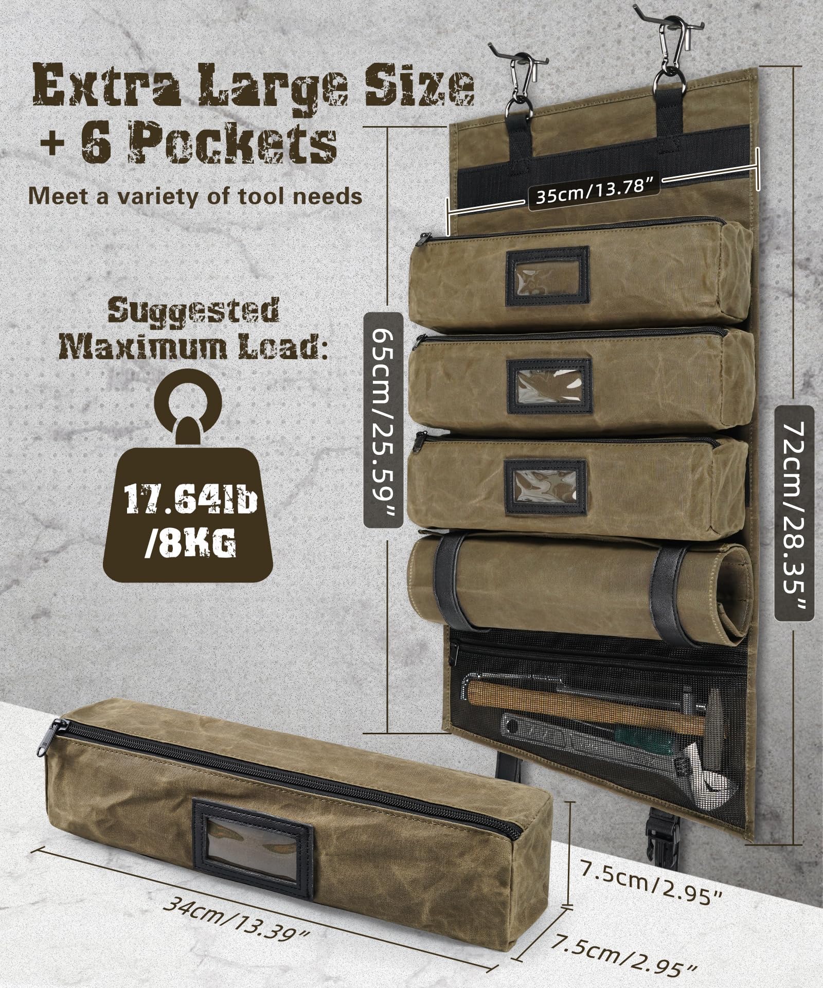ARCFOX roll-up bag showing four removable large pouches for quick-access tool sets.