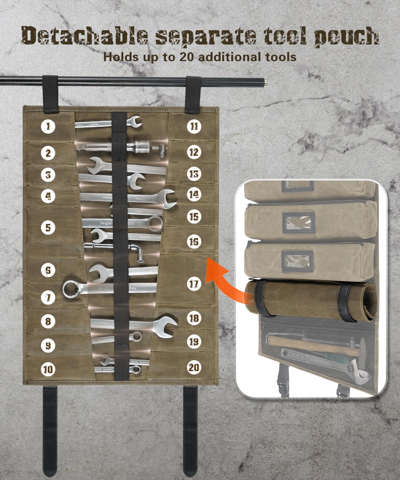 ARCFOX mesh pouch for small parts and fasteners inside the roll-up bag.