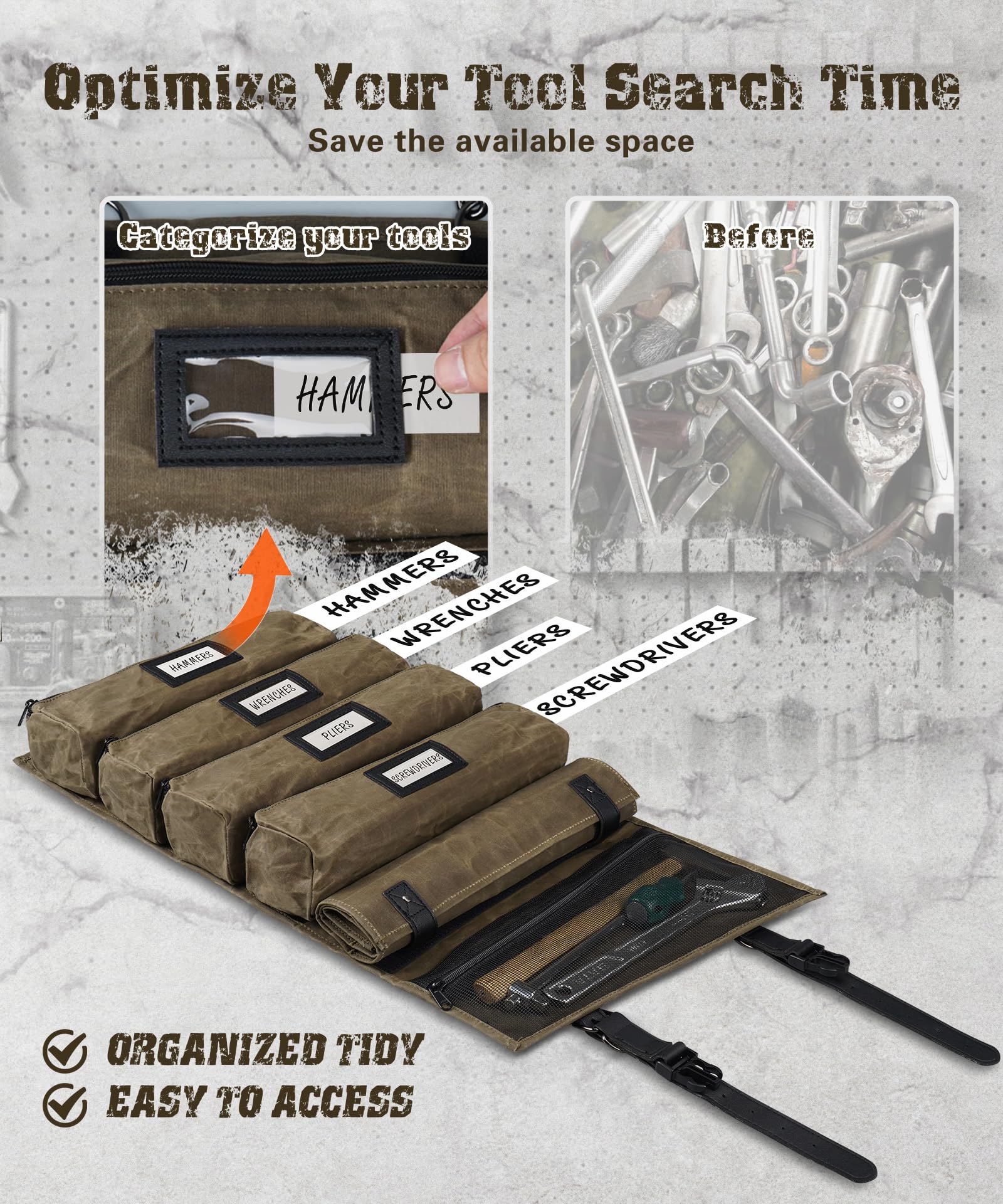 ARCFOX roll-up bag mounted on a motorcycle frame for on-the-go tooling.