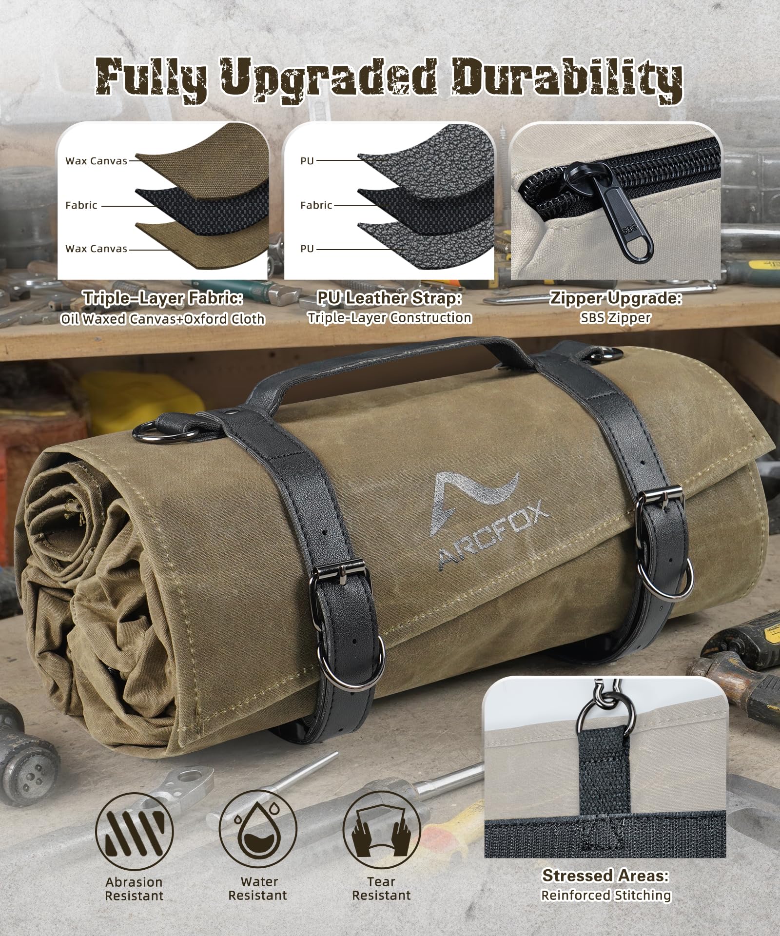 ARCFOX bag with dual straps ready to hang on a wall or seat back.