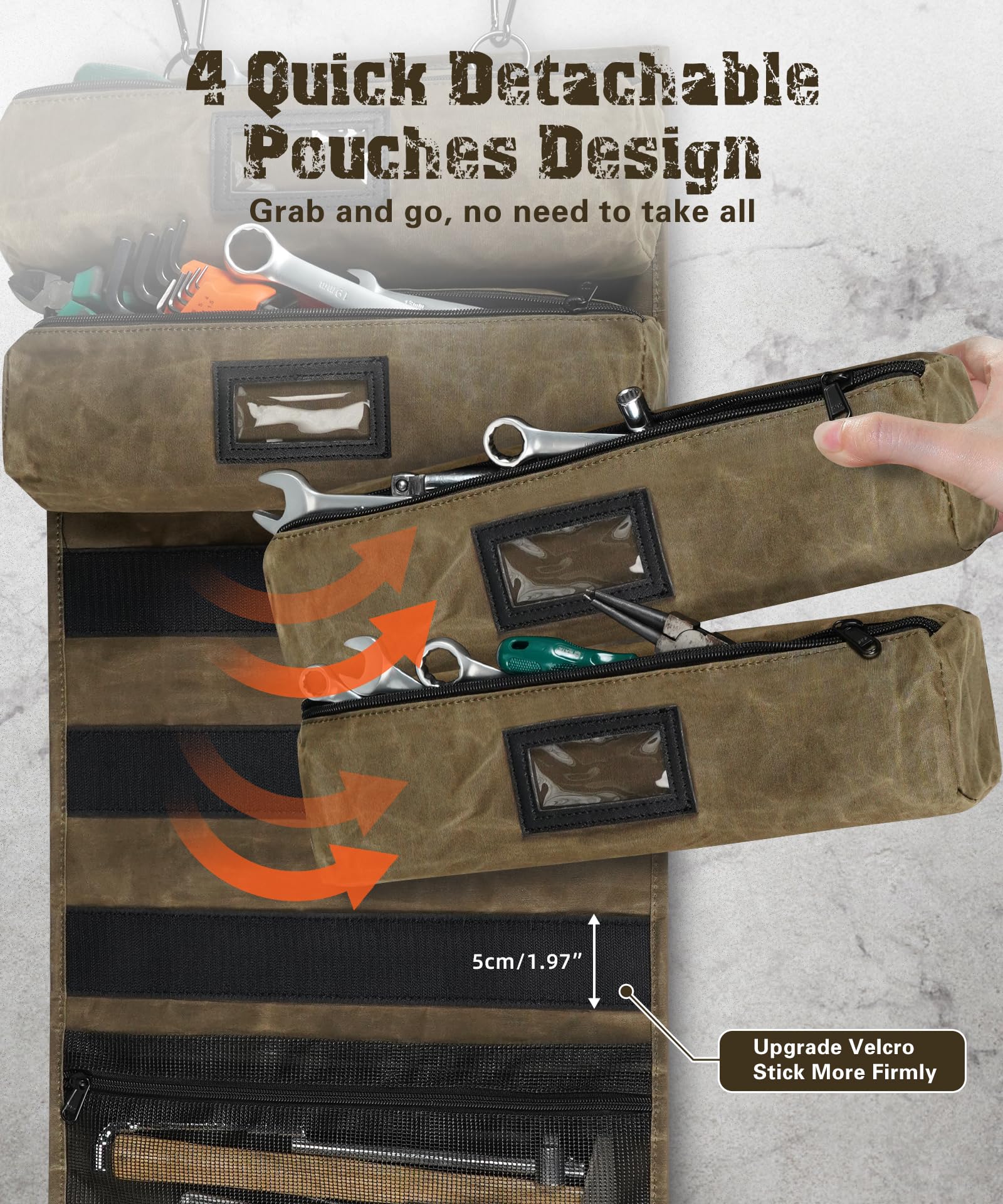 ARCFOX wrench pouch keeps wrenches within reach for motorcycle or car maintenance.