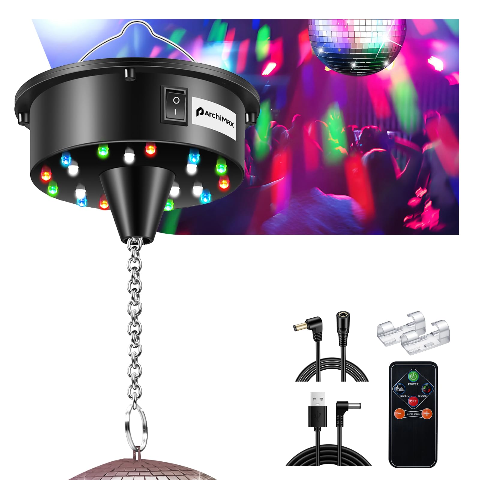 ArchiMax disco ball motor with remote lighting creates dynamic party ambience