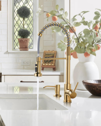 ARCORA brushed gold faucet with soap dispenser for convenient handwashing near sink