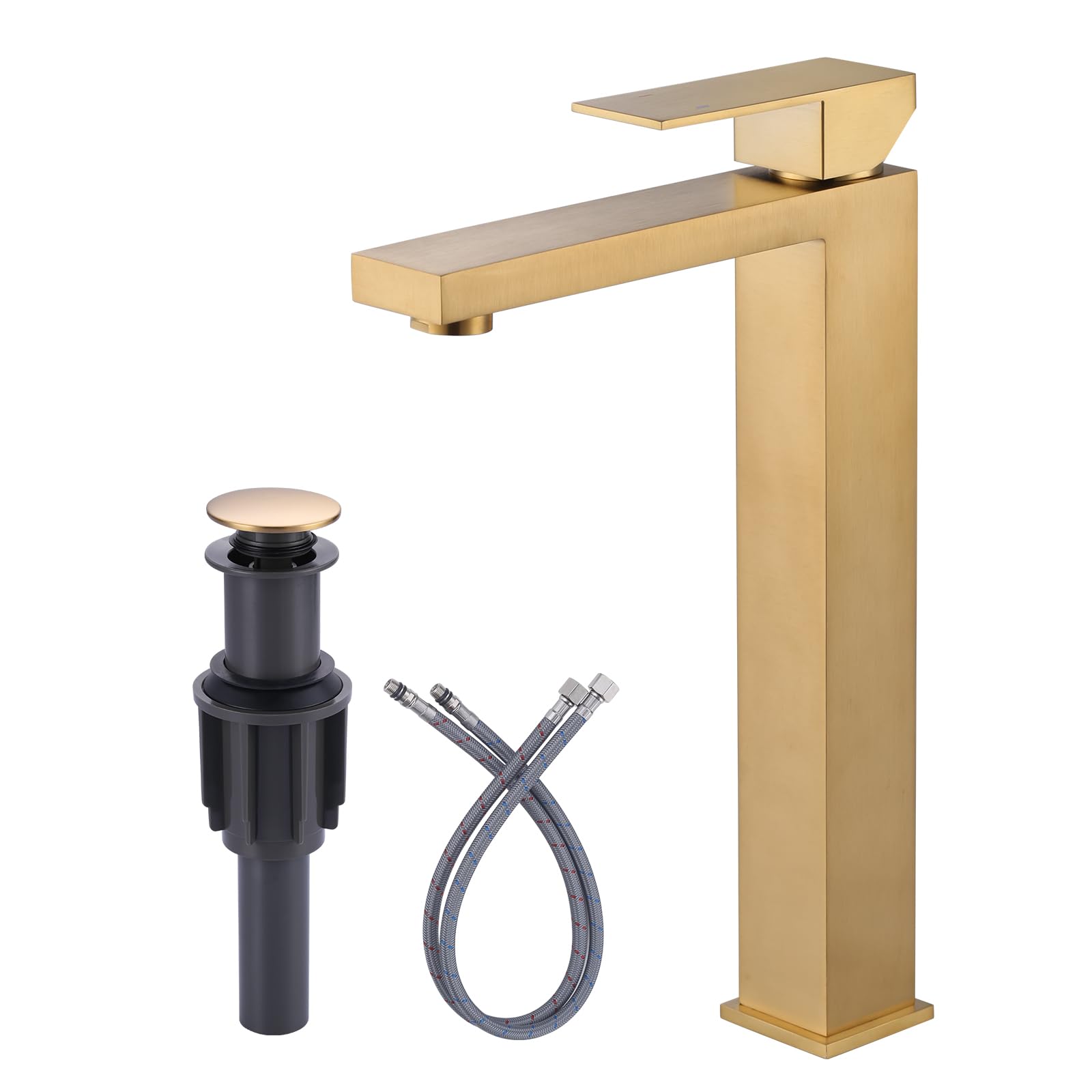 ARCORA brushed gold vessel faucet front view shows tall, modern silhouette ideal for vessel sinks.