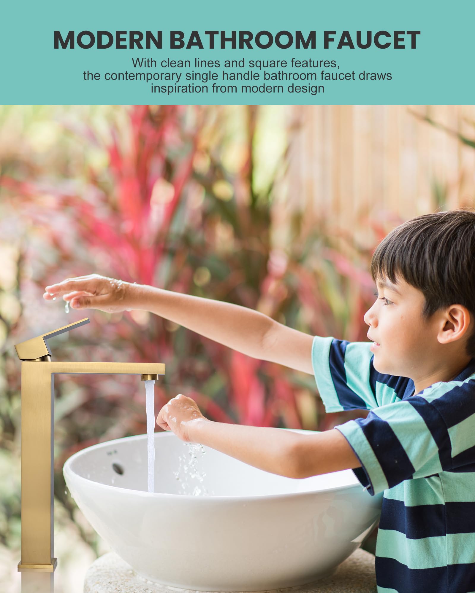 ARCORA brushed gold faucet side view highlights durable stainless steel body and elegant finish.